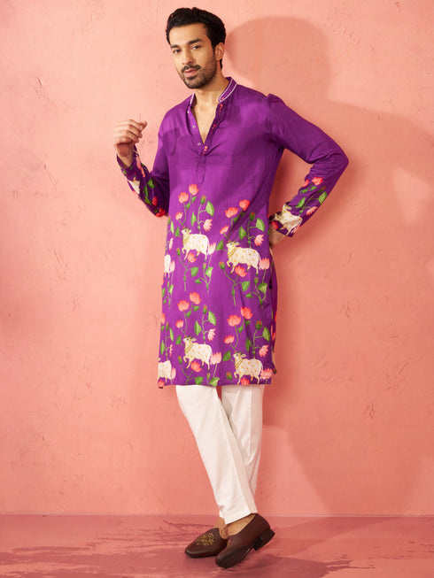 Men's Purple Dola Silk Digital Print Kurta with Cream Pyjama